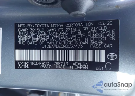 2022 Toyota Corolla Hybrid Le из США, поврежденный, VIN JTDEAMDE5NJ057473